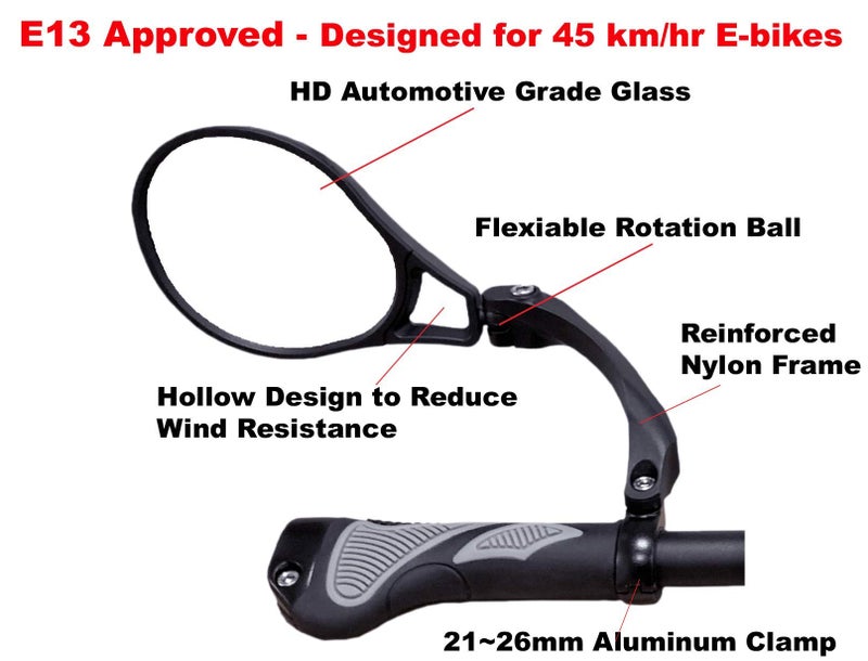 Hafny E13 Approved E-Bike Mirror, Large Surface Handlebar Bike Mirror, HD Automotive Grade Glass Bicycle Mirror, Safe Blast-Resistance Cycling Mirror - Image 2